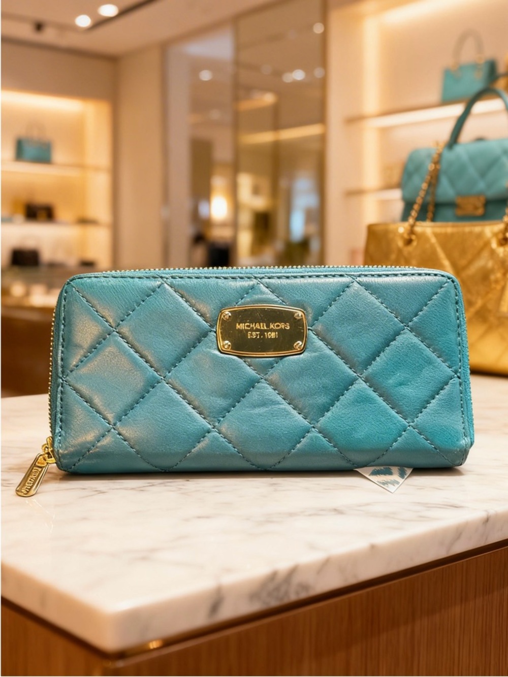 Michael Kors Quilted Zip Wallet - Teal/Turquoise Blue